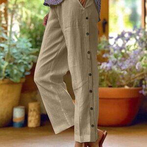 Side Decor Button Casual Wide Leg Pants